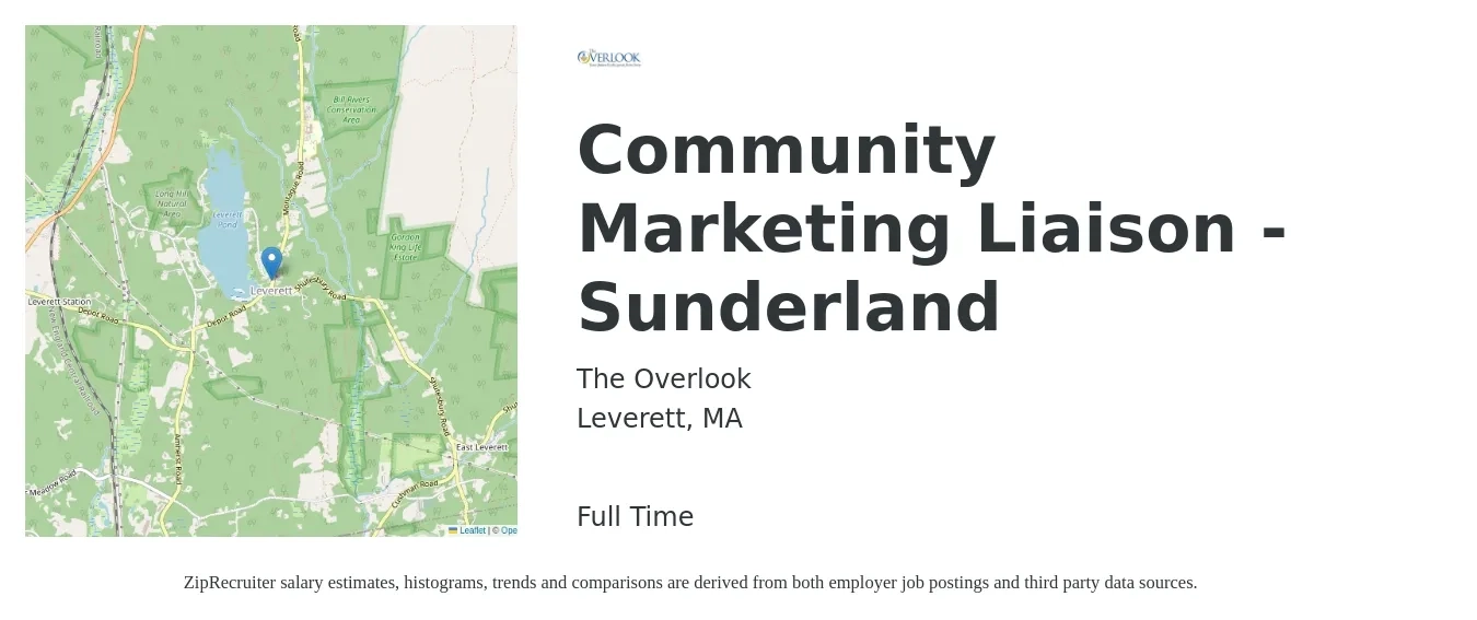 The Overlook job posting for a Community Marketing Liaison - Sunderland in Leverett, MA with a salary of $44,000 to $72,600 Yearly with a map of Leverett location.