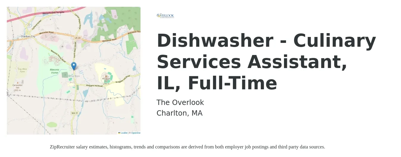 The Overlook job posting for a Dishwasher - Culinary Services Assistant, IL, Full-Time in Charlton, MA with a salary of $16 to $19 Hourly with a map of Charlton location.