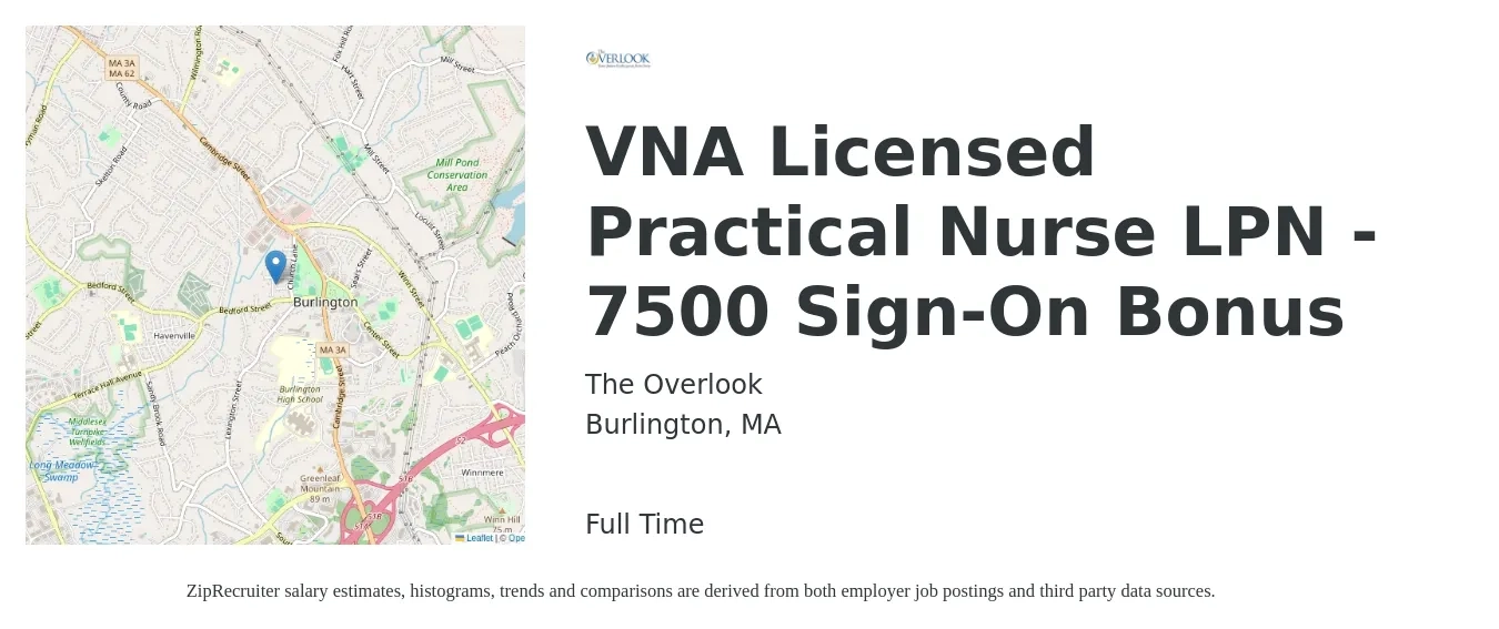 The Overlook job posting for a VNA Licensed Practical Nurse LPN - 7500 Sign-On Bonus in Burlington, MA with a salary of $29 to $35 Hourly with a map of Burlington location.