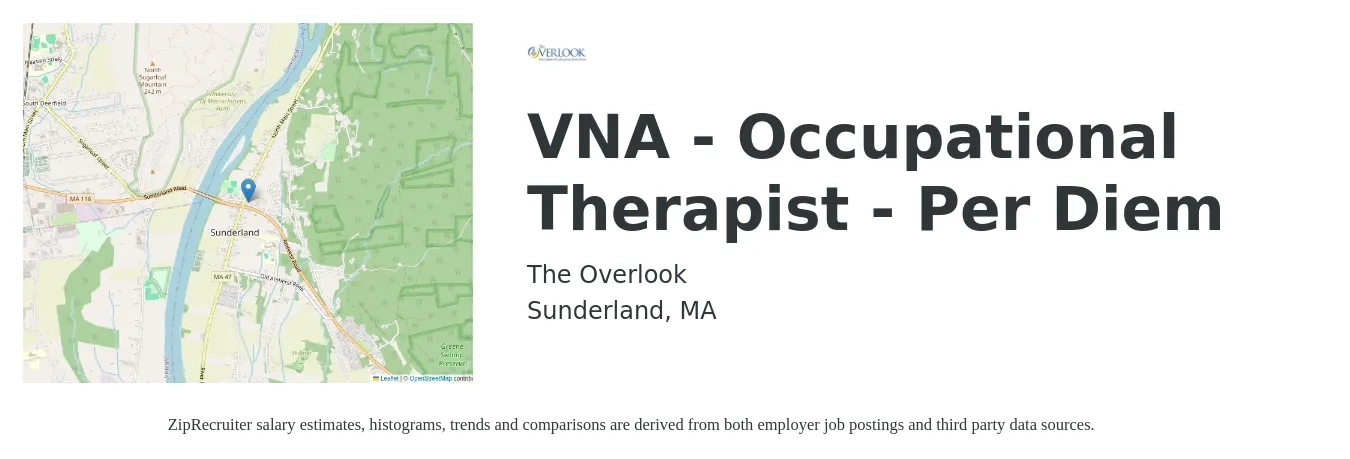 The Overlook job posting for a VNA - Occupational Therapist - Per Diem in Sunderland, MA with a salary of $37 to $42 Hourly with a map of Sunderland location.