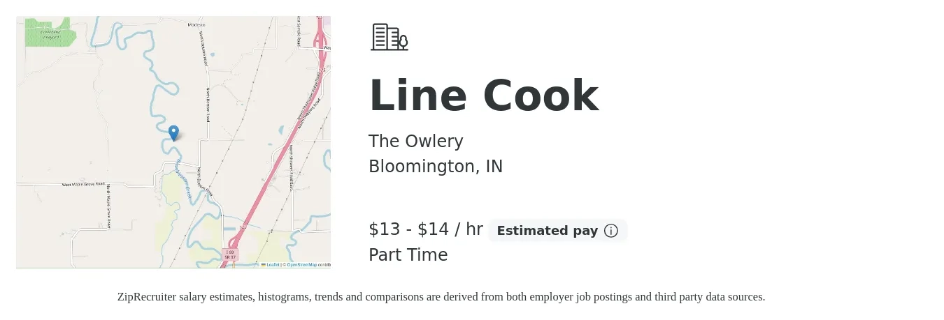 The Owlery job posting for a Line Cook in Bloomington, IN with a salary of $14 to $16 Hourly with a map of Bloomington location.