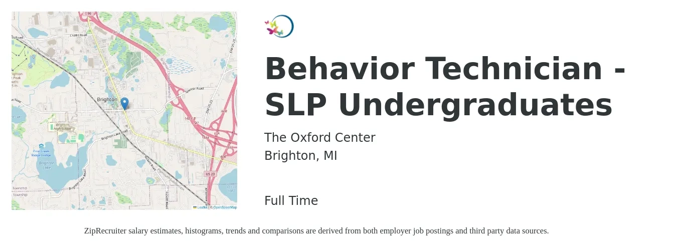 The Oxford Center job posting for a Behavior Technician - SLP Undergraduates in Brighton, MI with a salary of $18 to $23 Hourly with a map of Brighton location.