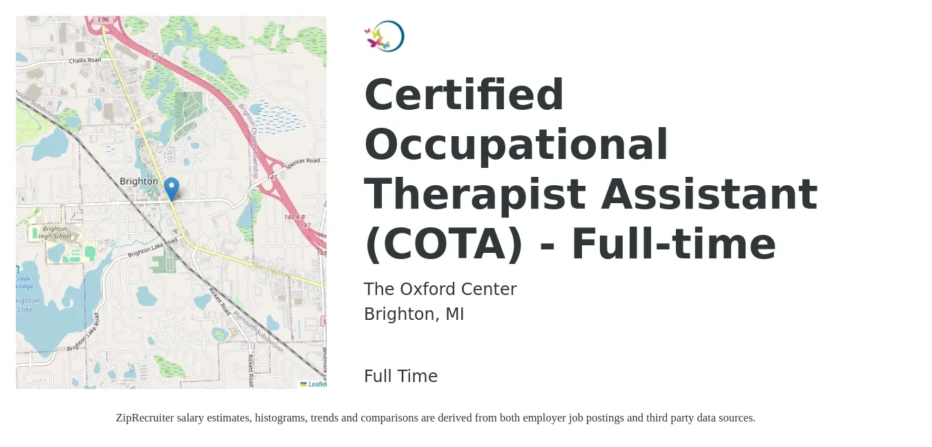 The Oxford Center job posting for a Certified Occupational Therapist Assistant (COTA) - Full-time in Brighton, MI with a salary of $27 to $36 Hourly with a map of Brighton location.