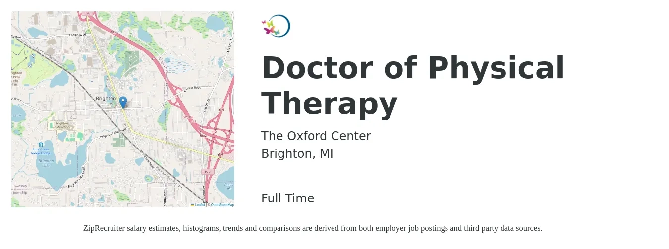 The Oxford Center job posting for a Doctor of Physical Therapy in Brighton, MI with a salary of $1,590 to $2,060 Weekly with a map of Brighton location.