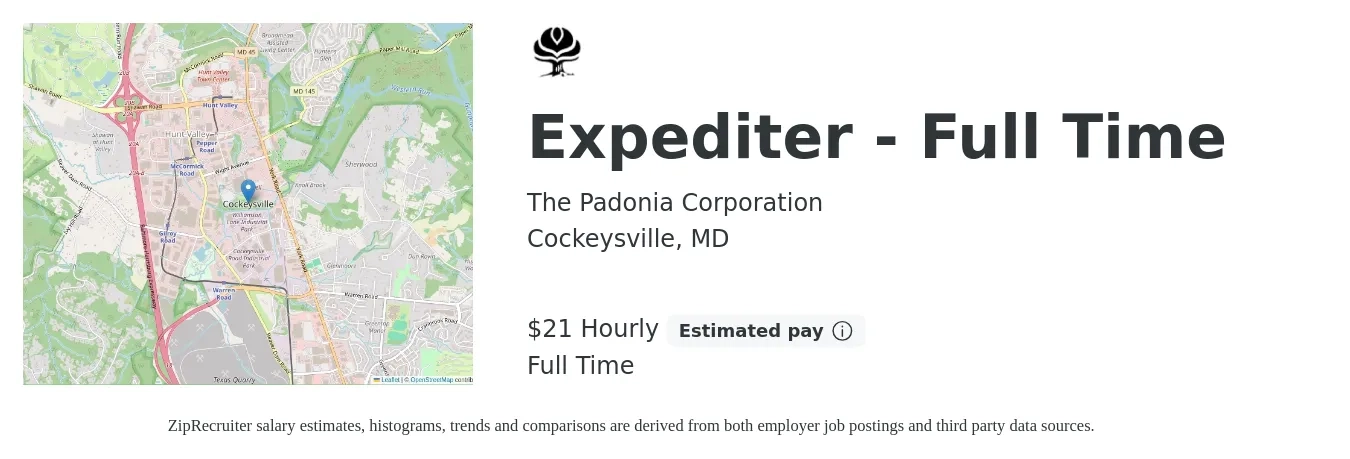 The Padonia Corporation job posting for a Expediter - Full Time in Cockeysville, MD with a salary of $22 Hourly with a map of Cockeysville location.