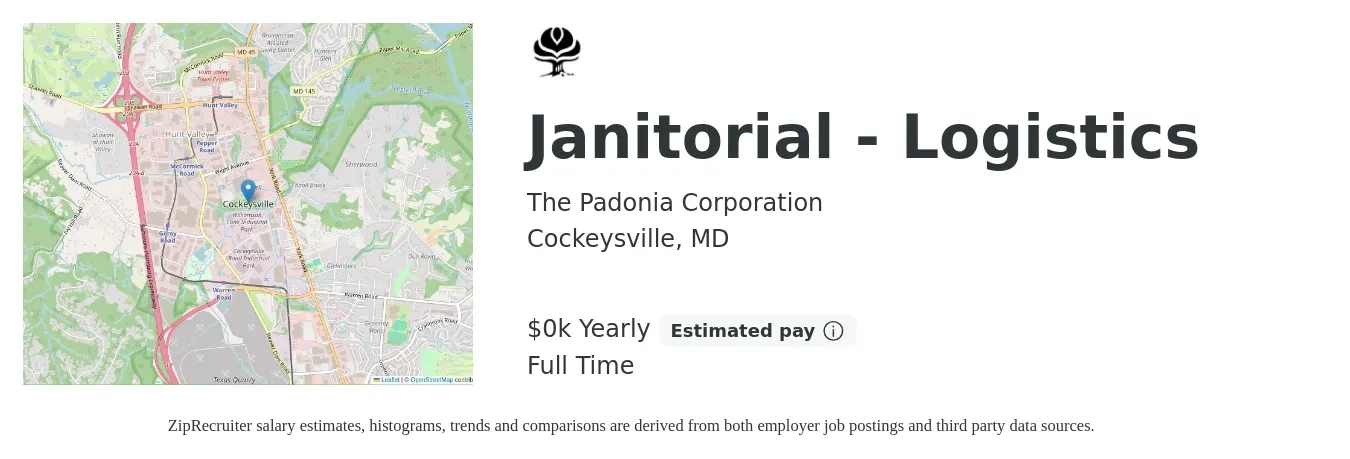 The Padonia Corporation job posting for a Janitorial - Logistics in Cockeysville, MD with a salary of $18 Yearly with a map of Cockeysville location.