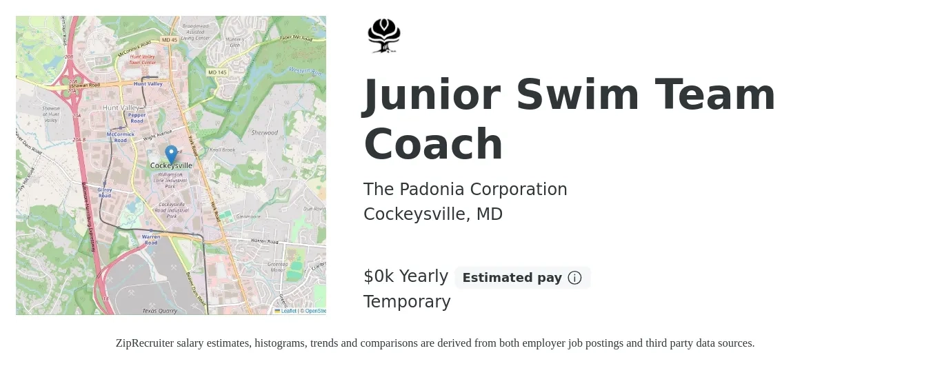 The Padonia Corporation job posting for a Junior Swim Team Coach in Cockeysville, MD with a salary of $17 Yearly with a map of Cockeysville location.