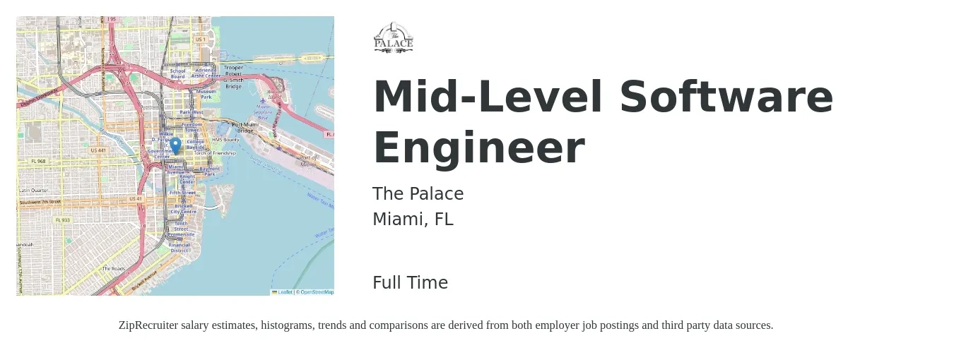The Palace job posting for a Mid-Level Software Engineer in Miami, FL with a salary of $114,800 to $165,500 Yearly with a map of Miami location.