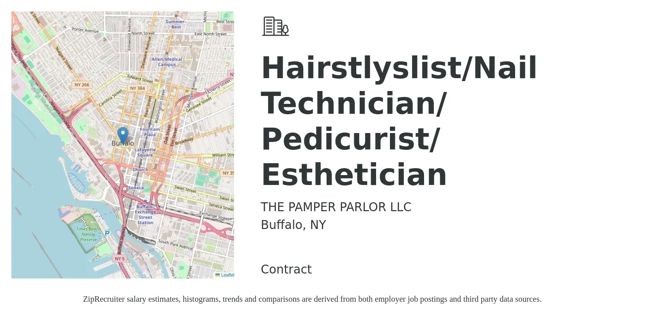THE PAMPER PARLOR LLC job posting for a Hairstlyslist/Nail Technician/ Pedicurist/ Esthetician in Buffalo, NY with a salary of $500 to $1,000 Weekly (plus commission) with a map of Buffalo location.
