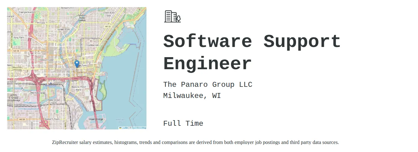 The Panaro Group LLC job posting for a Software Support Engineer in Milwaukee, WI with a salary of $55,100 to $123,000 Annually with a map of Milwaukee location.