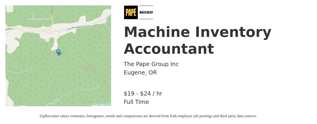 The Pape Group Inc job posting for a Machine Inventory Accountant in Eugene, OR with a salary of $20 to $25 Hourly with a map of Eugene location.