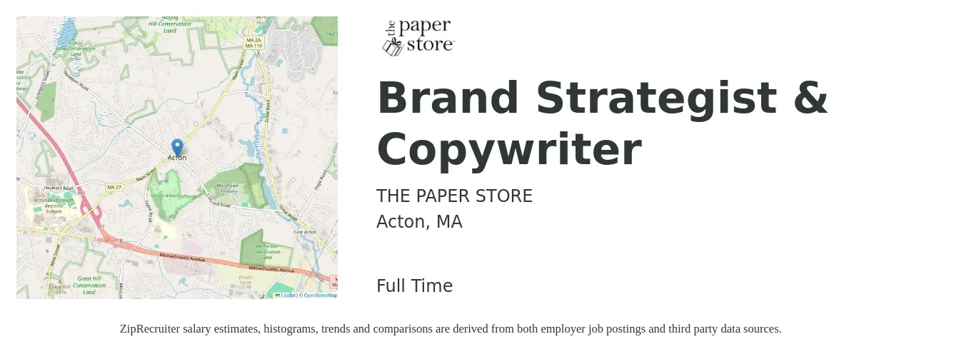 THE PAPER STORE job posting for a Brand Strategist & Copywriter in Acton, MA with a salary of $32 to $48 Hourly with a map of Acton location.