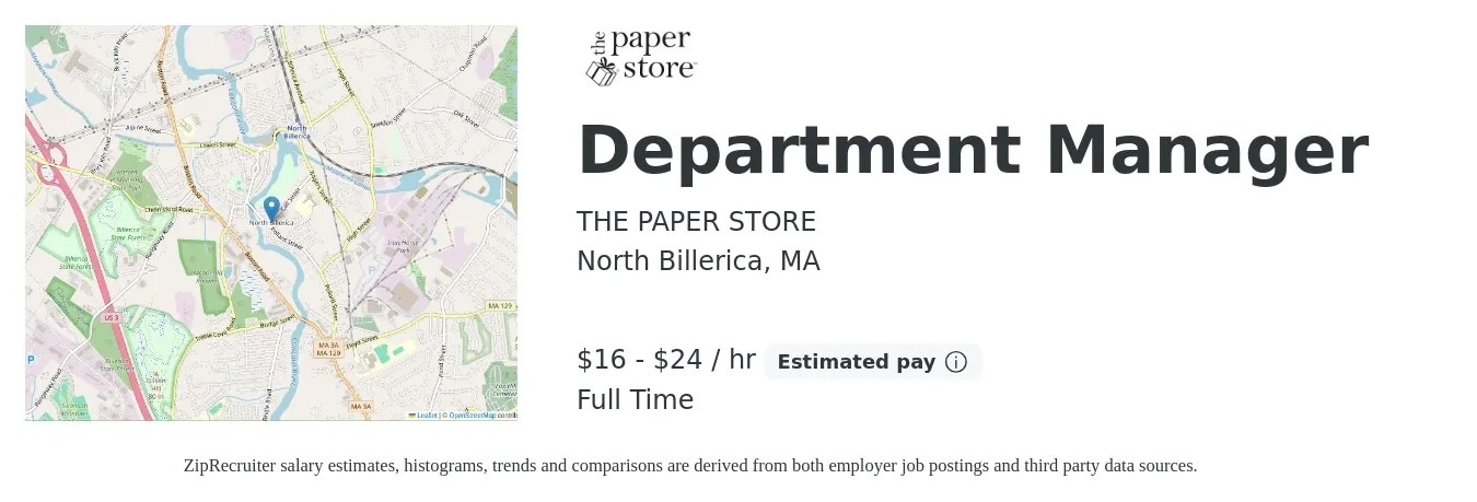 THE PAPER STORE job posting for a Department Manager in North Billerica, MA with a salary of $17 to $25 Hourly with a map of North Billerica location.