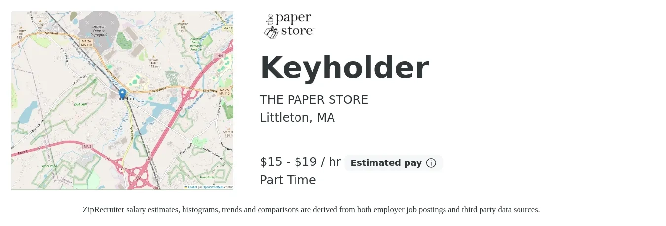 THE PAPER STORE job posting for a Keyholder in Littleton, MA with a salary of $16 to $20 Hourly with a map of Littleton location.