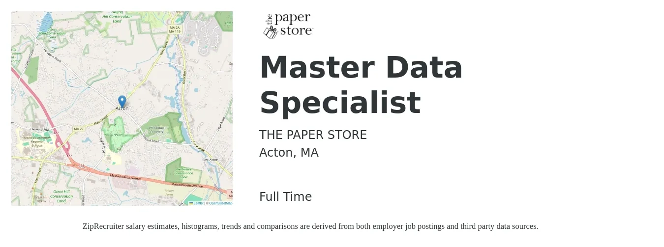 THE PAPER STORE job posting for a Master Data Specialist in Acton, MA with a salary of $24 to $45 Hourly with a map of Acton location.