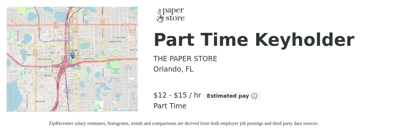 THE PAPER STORE job posting for a Part Time Keyholder in Orlando, FL with a salary of $13 to $16 Hourly with a map of Orlando location.