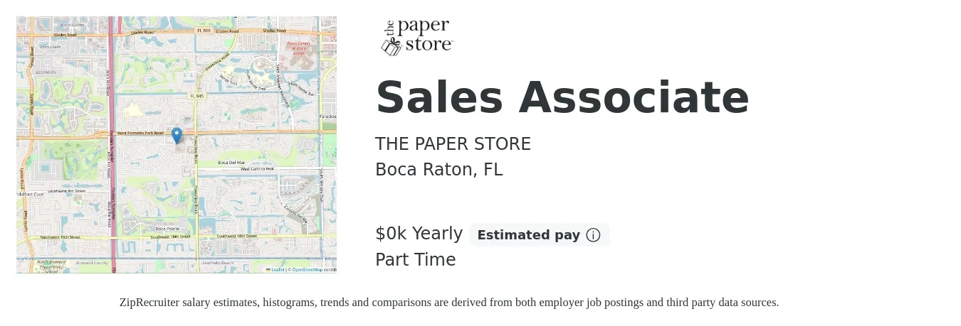 THE PAPER STORE job posting for a Sales Associate in Boca Raton, FL with a salary of $12 to $15 Yearly with a map of Boca Raton location.