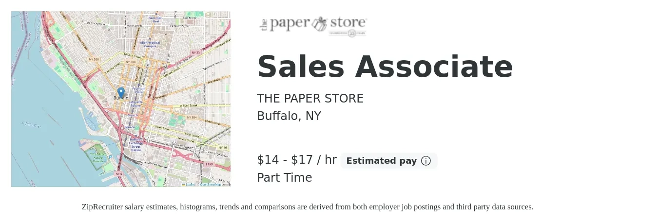 THE PAPER STORE job posting for a Sales Associate in Buffalo, NY with a salary of $15 to $18 Hourly with a map of Buffalo location.