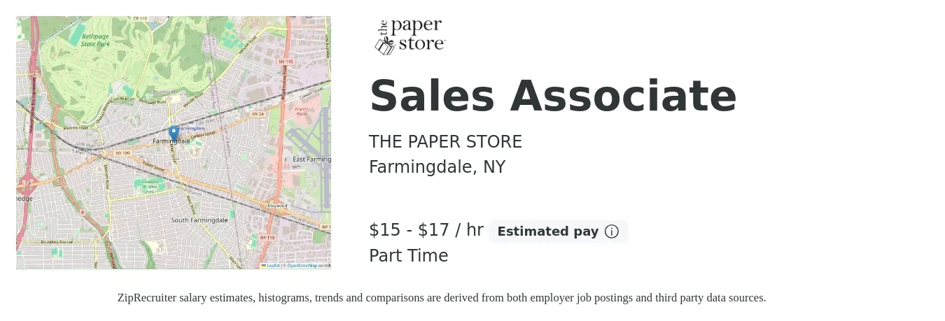 THE PAPER STORE job posting for a Sales Associate in Farmingdale, NY with a salary of $16 to $18 Hourly with a map of Farmingdale location.