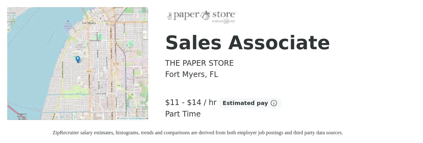 THE PAPER STORE job posting for a Sales Associate in Fort Myers, FL with a salary of $12 to $15 Hourly with a map of Fort Myers location.