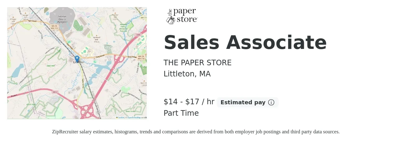 THE PAPER STORE job posting for a Sales Associate in Littleton, MA with a salary of $15 to $18 Hourly with a map of Littleton location.