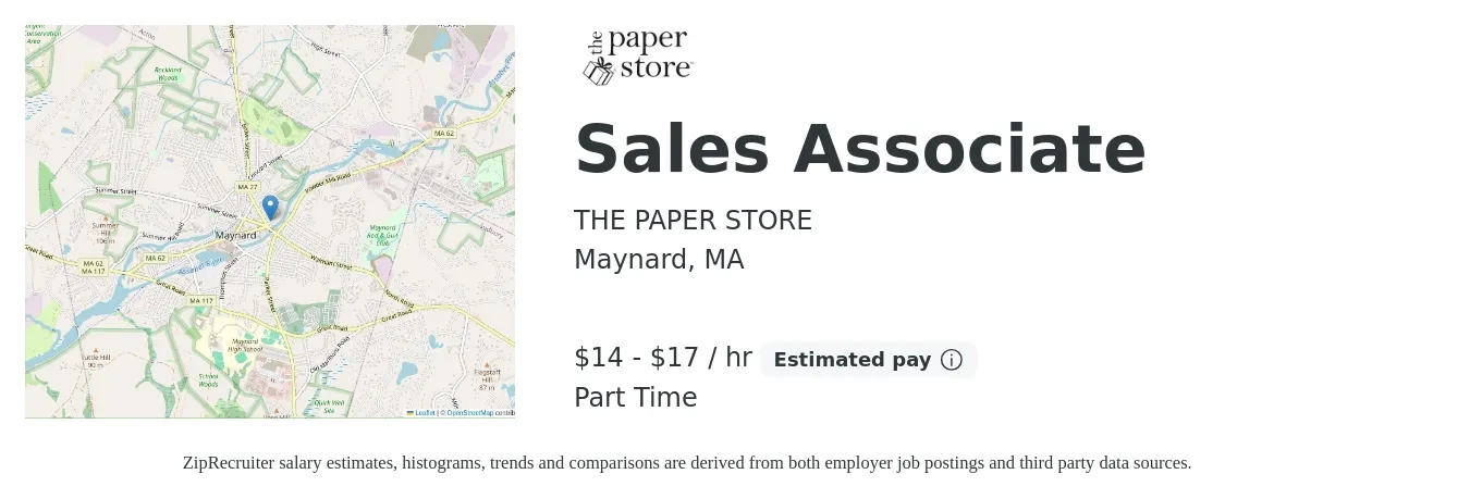 THE PAPER STORE job posting for a Sales Associate in Maynard, MA with a salary of $15 to $18 Hourly with a map of Maynard location.