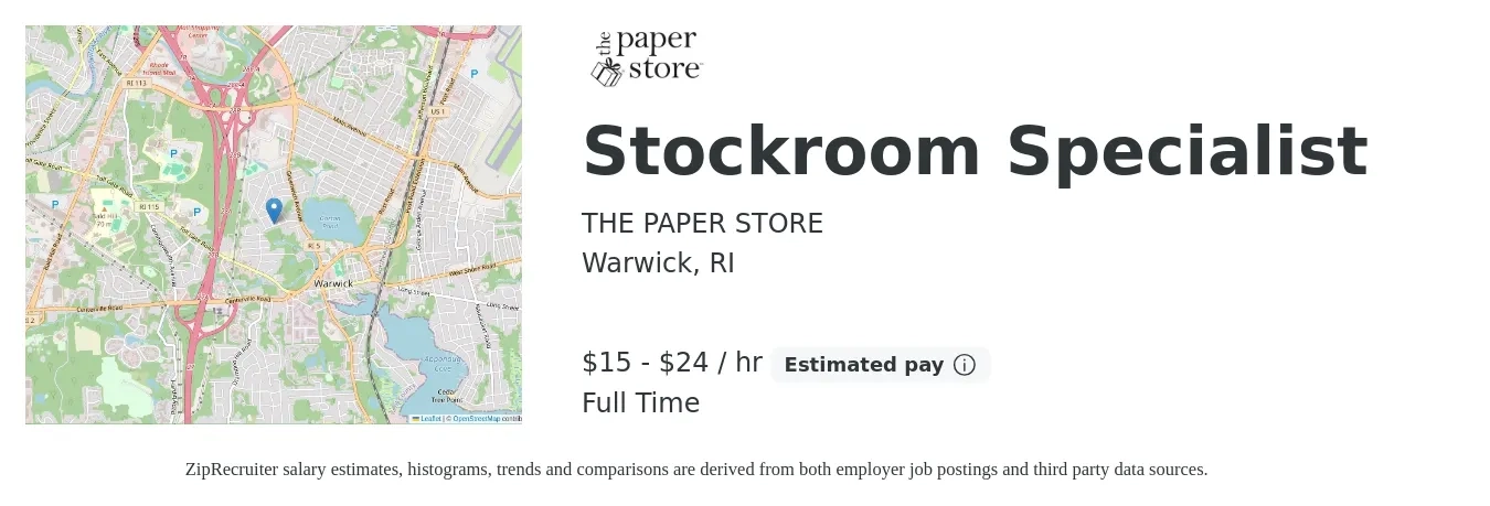 THE PAPER STORE job posting for a Stockroom Specialist in Warwick, RI with a salary of $16 to $25 Hourly with a map of Warwick location.
