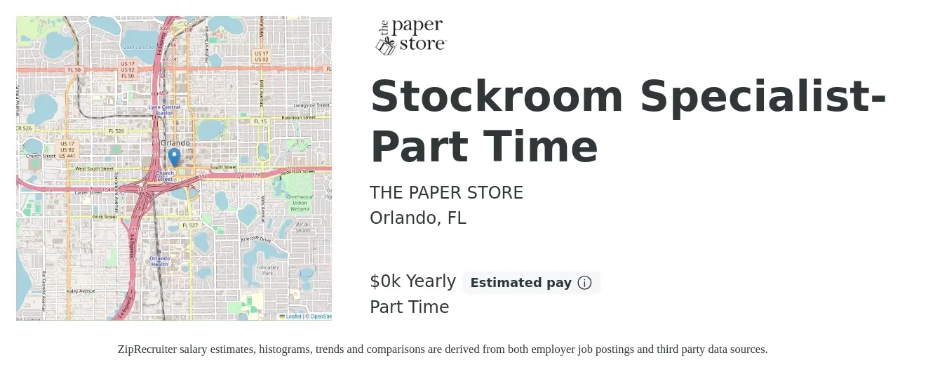 THE PAPER STORE job posting for a Stockroom Specialist- Part Time in Orlando, FL with a salary of $13 to $16 Yearly with a map of Orlando location.