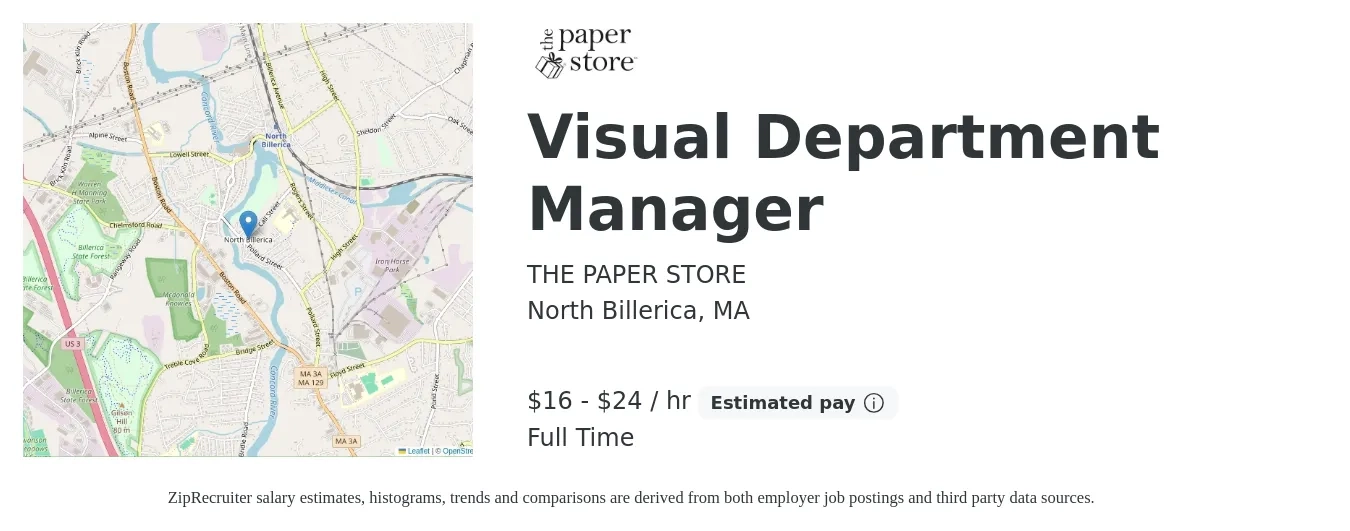 THE PAPER STORE job posting for a Visual Department Manager in North Billerica, MA with a salary of $17 to $25 Hourly with a map of North Billerica location.