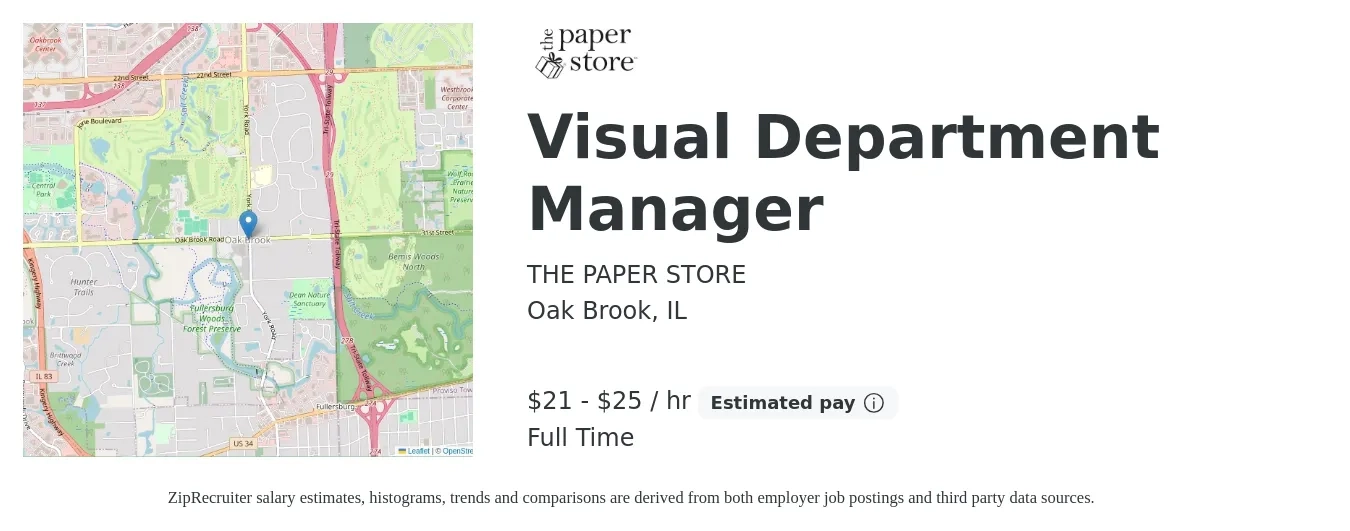 THE PAPER STORE job posting for a Visual Department Manager in Oak Brook, IL with a salary of $22 to $27 Hourly with a map of Oak Brook location.