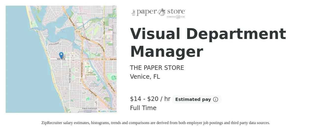 THE PAPER STORE job posting for a Visual Department Manager in Venice, FL with a salary of $15 to $21 Hourly with a map of Venice location.