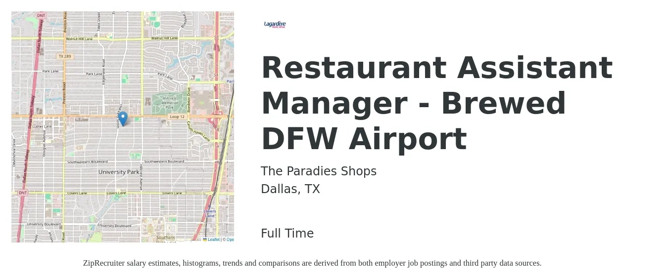 The Paradies Shops job posting for a Restaurant Assistant Manager - Brewed DFW Airport in Dallas, TX with a salary of $16 to $24 Hourly with a map of Dallas location.