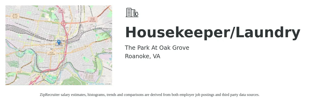The Park At Oak Grove job posting for a Housekeeper/Laundry in Roanoke, VA with a salary of $13 to $17 Hourly with a map of Roanoke location.