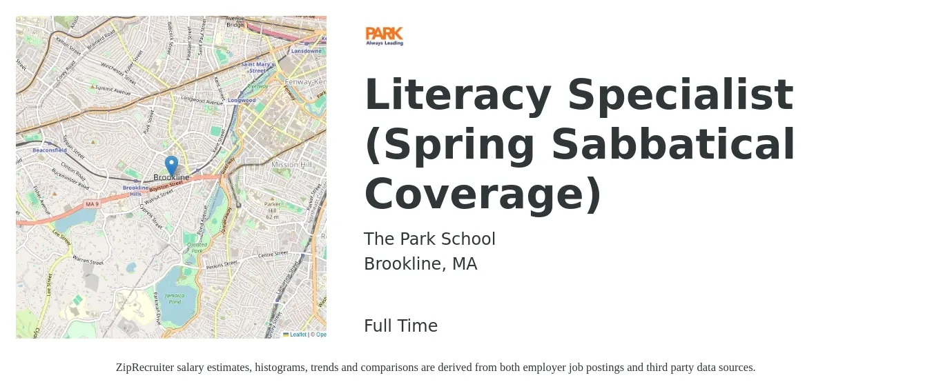 The Park School job posting for a Literacy Specialist (Spring Sabbatical Coverage) in Brookline, MA with a salary of $48,900 to $82,400 Yearly with a map of Brookline location.