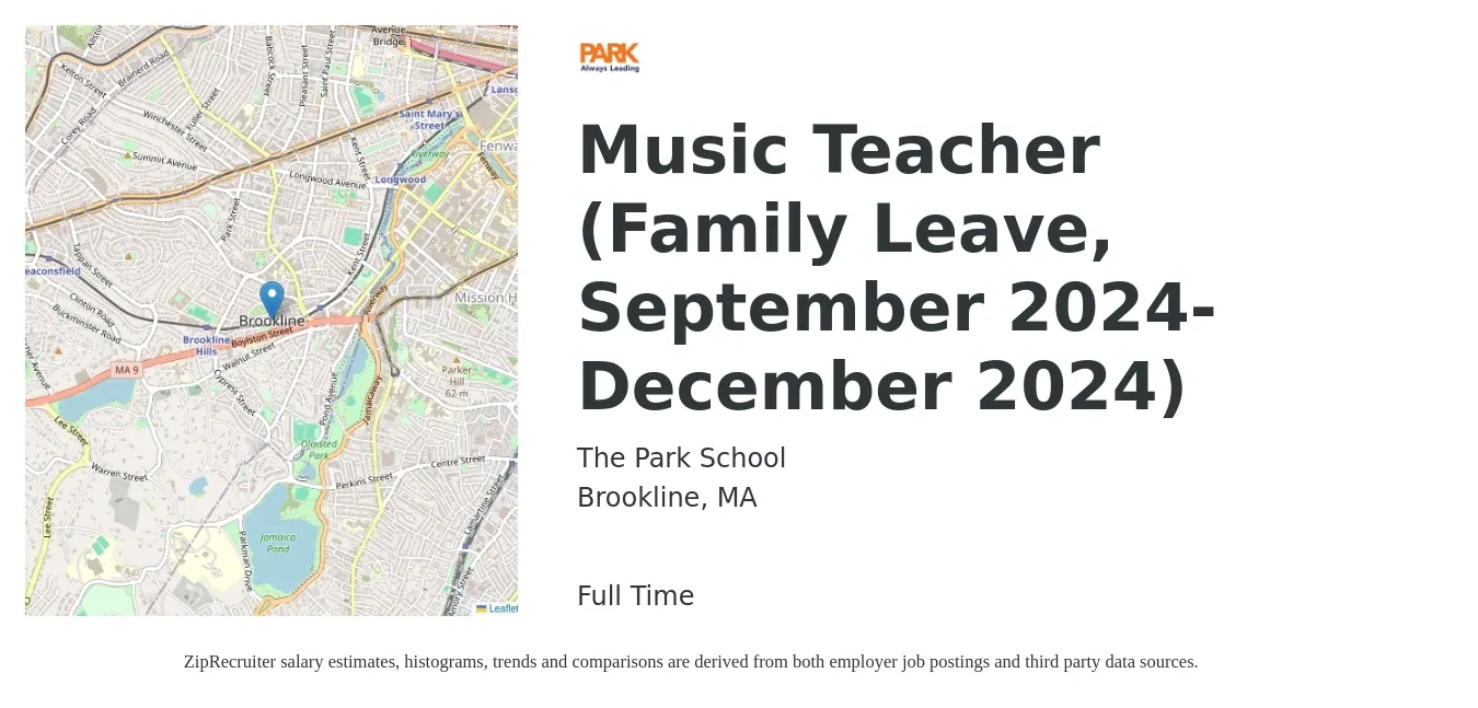 The Park School job posting for a Music Teacher (Family Leave, September 2024-December 2024) in Brookline, MA with a salary of $26 to $38 Hourly with a map of Brookline location.