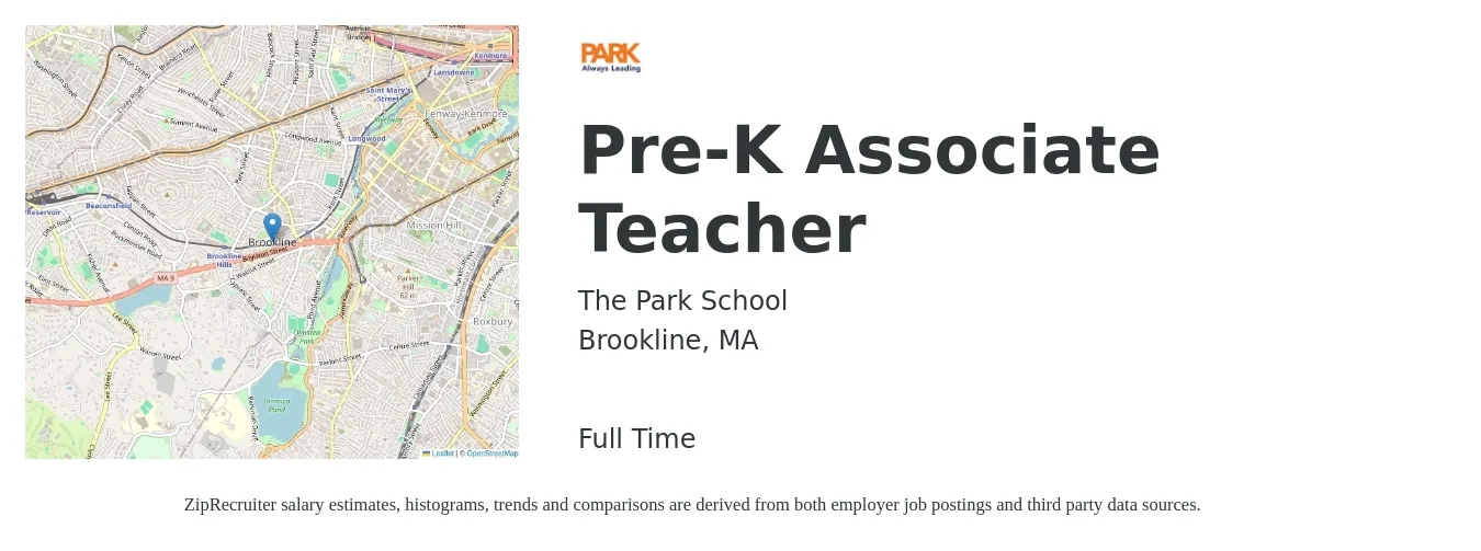 The Park School job posting for a Pre-K Associate Teacher in Brookline, MA with a salary of $16 to $22 Hourly with a map of Brookline location.