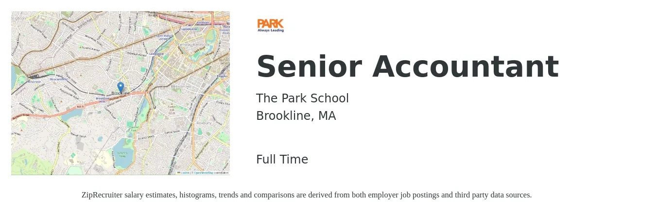 The Park School job posting for a Senior Accountant in Brookline, MA with a salary of $78,700 to $98,900 Yearly with a map of Brookline location.