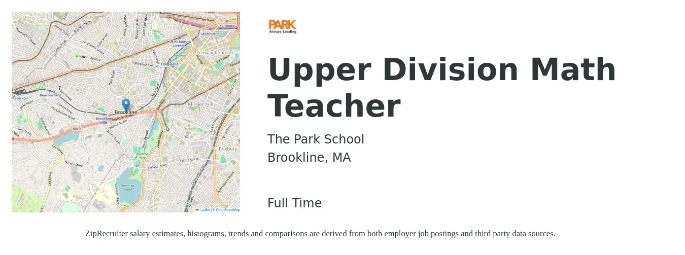 The Park School job posting for a Upper Division Math Teacher in Brookline, MA with a salary of $51,000 to $68,600 Yearly with a map of Brookline location.