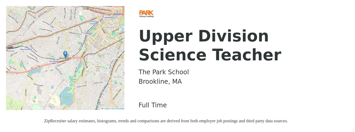 The Park School job posting for a Upper Division Science Teacher in Brookline, MA with a salary of $48,900 to $64,300 Yearly with a map of Brookline location.