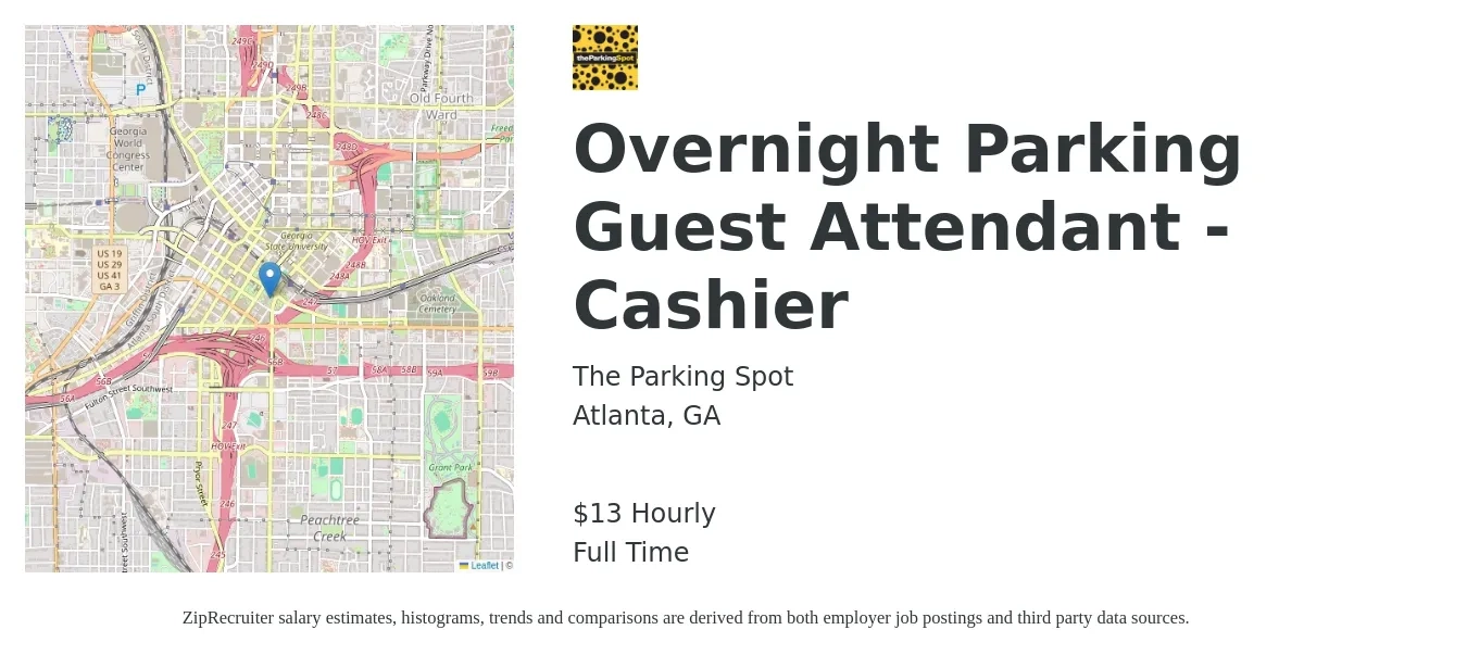 The Parking Spot job posting for a Overnight Parking Guest Attendant - Cashier in Atlanta, GA with a salary of $14 Hourly with a map of Atlanta location.