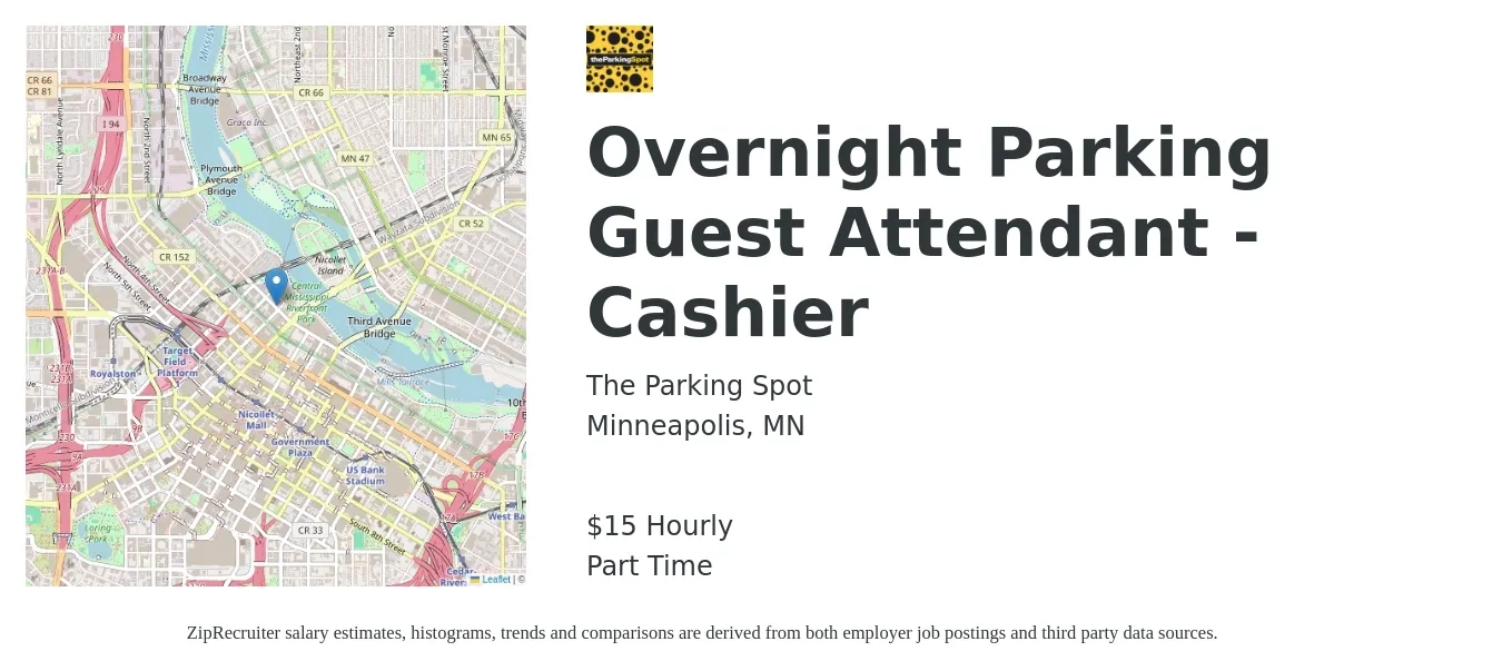 The Parking Spot job posting for a Overnight Parking Guest Attendant - Cashier in Minneapolis, MN with a salary of $16 Hourly with a map of Minneapolis location.