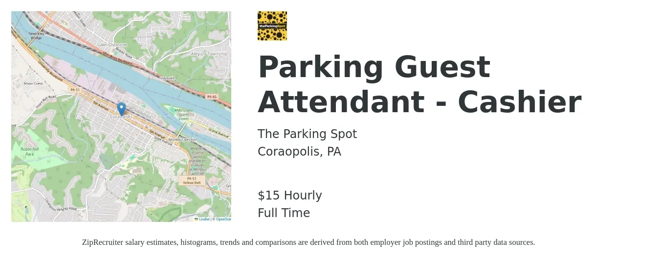 The Parking Spot job posting for a Parking Guest Attendant - Cashier in Coraopolis, PA with a salary of $16 Hourly with a map of Coraopolis location.