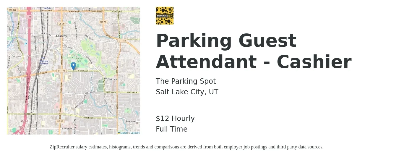 The Parking Spot job posting for a Parking Guest Attendant - Cashier in Salt Lake City, UT with a salary of $12 Hourly with a map of Salt Lake City location.
