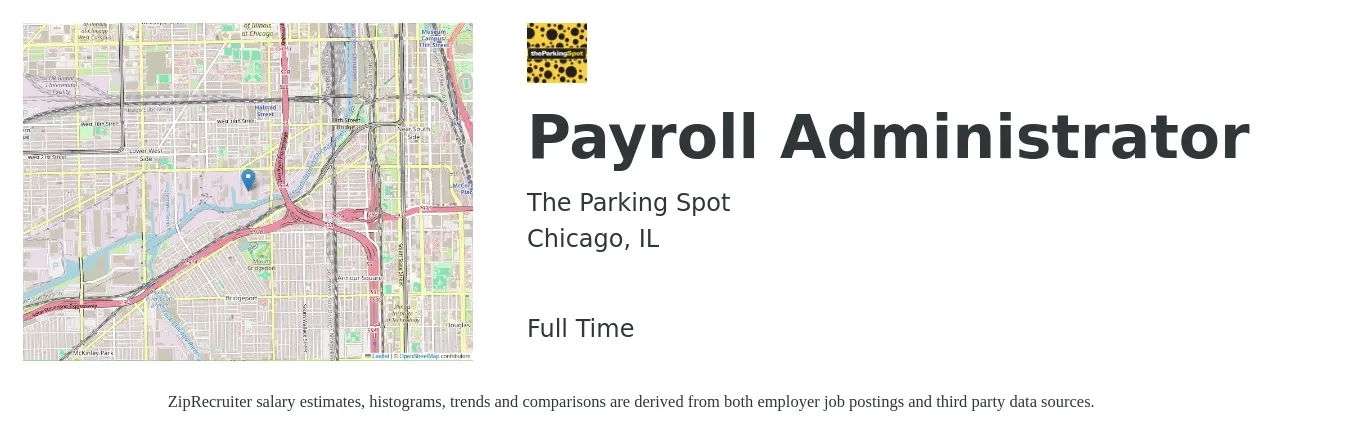 The Parking Spot job posting for a Payroll Administrator in Chicago, IL with a salary of $25 to $34 Hourly with a map of Chicago location.