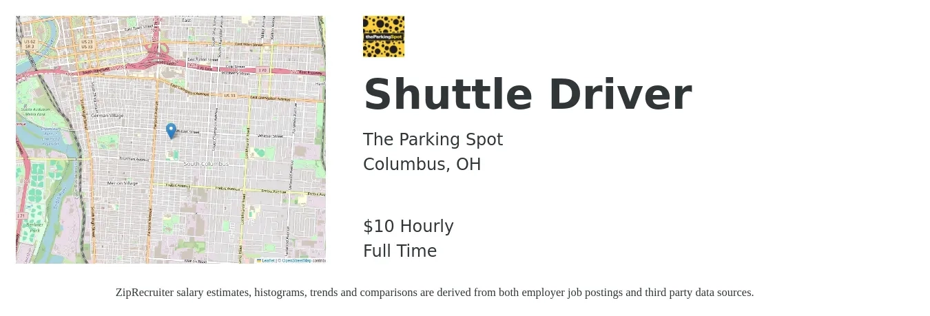 The Parking Spot job posting for a Shuttle Driver in Columbus, OH with a salary of $10 Hourly with a map of Columbus location.