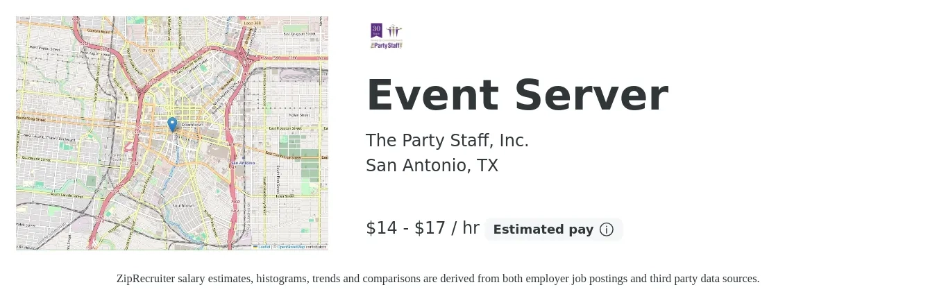 The Party Staff, Inc. job posting for a Event Server in San Antonio, TX with a salary of $15 to $18 Hourly with a map of San Antonio location.
