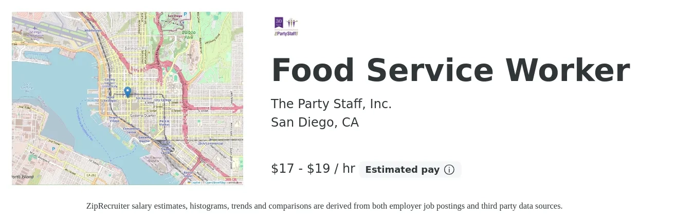The Party Staff, Inc. job posting for a Food Service Worker in San Diego, CA with a salary of $18 to $20 Hourly with a map of San Diego location.