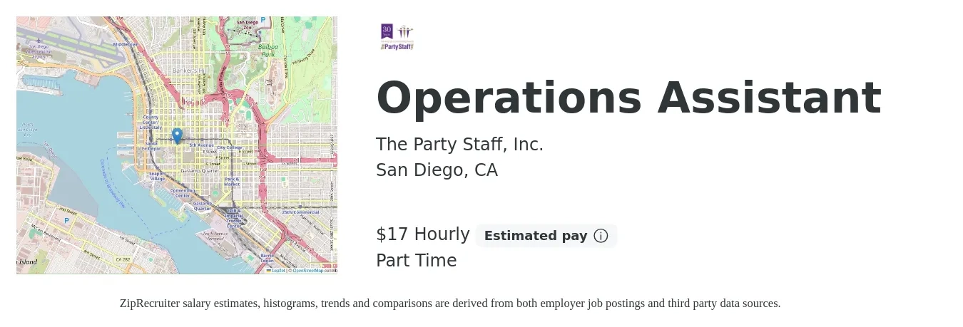 The Party Staff, Inc. job posting for a Operations Assistant in San Diego, CA with a salary of $18 Hourly with a map of San Diego location.