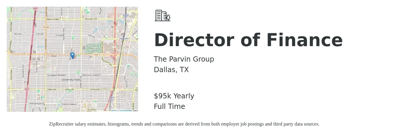 The Parvin Group job posting for a Director of Finance in Dallas, TX with a salary of $95,000 Yearly with a map of Dallas location.