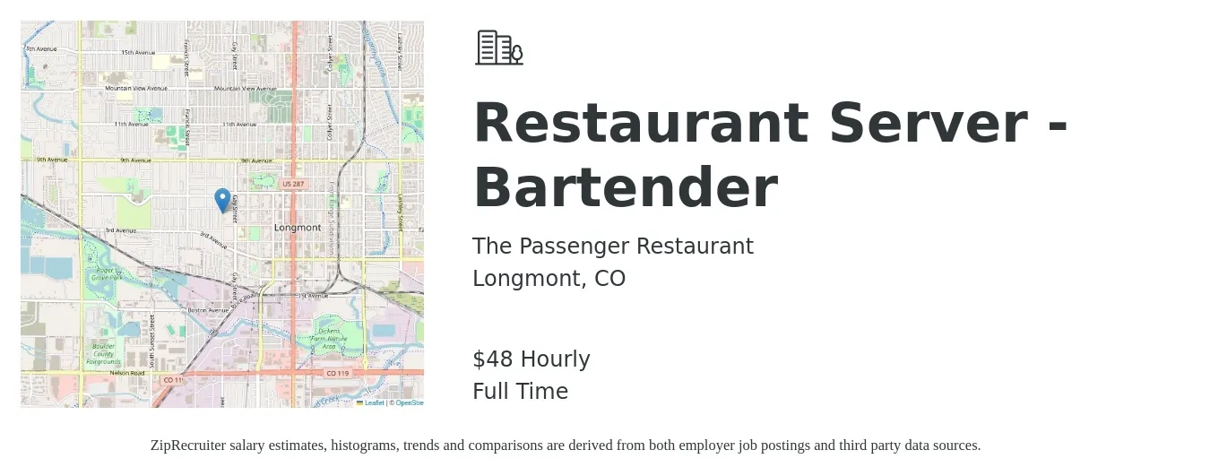 The Passenger Restaurant job posting for a Restaurant Server - Bartender in Longmont, CO with a salary of $50 Hourly with a map of Longmont location.
